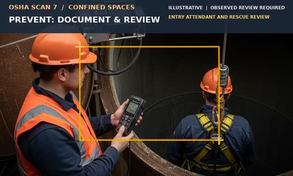 Animation showing entrant, attendant, and retrieval equipment supporting a confined-space entry-plan review