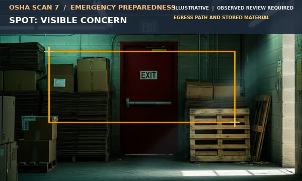 Animation showing stored material near an exit route visible for observed emergency-egress review