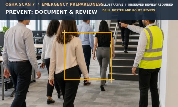 Animation showing a guided evacuation scene supporting drill, roster, and route documentation