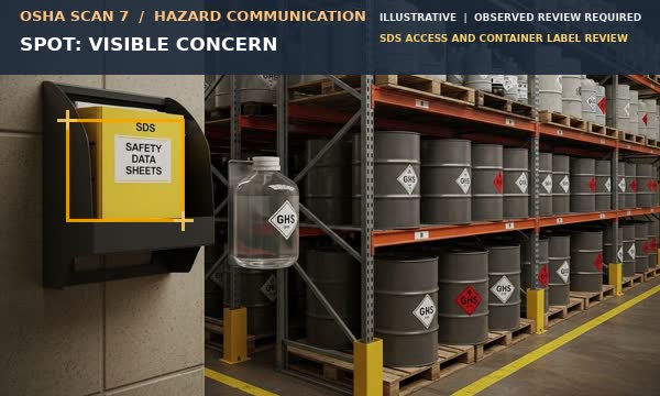 Animation showing a posted SDS cabinet and labeled chemical storage visible for HazCom review