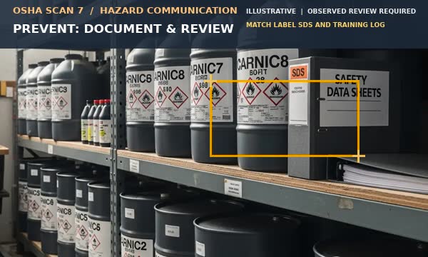 Animation showing labeled chemical containers supporting a label, SDS, and training documentation workflow