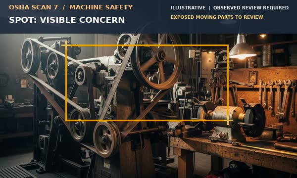 Animation showing an exposed belt and pulley assembly visible for observed machine-safety review