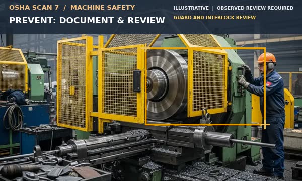 Animation showing a guarded machine and operator control area supporting a preventive machine-safety review