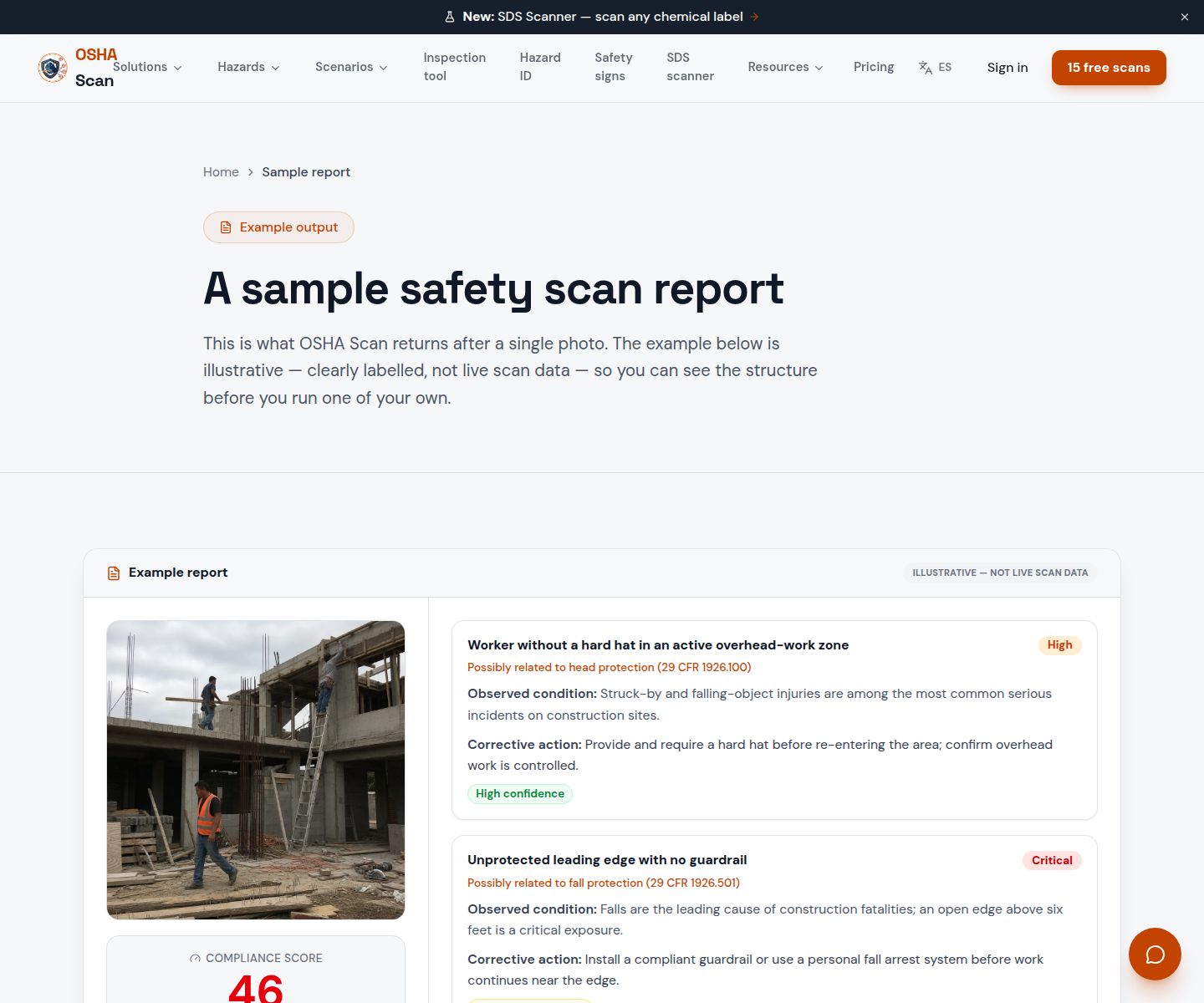 Illustrative public sample of the OSHA Scan AI inspection report interface